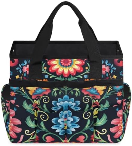 Mexican Flowers Garden Tool Bag, Garden Tote Storage Bag with 10 Pockets, Indoor and Outdoor Colorful Mexican Gardening Tool Organizer for Women Men - Image 2