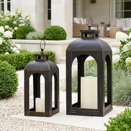 LED Lantern Decorative Outdoor&Indoor, Set of 2 (17’’&13’’) Black Metal Lanterns Decor, Vintage Hanging Candle Holder for Home Porch Wedding Halloween Christmas Decorations Battery Powered - Image 4