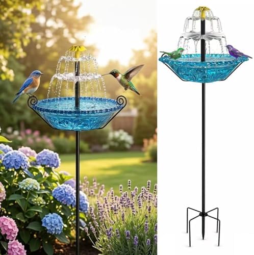 Bird Bath with Solar Fountain for Outside, 1.45 Gal Plastic Bird Bath Bowl with Metal Stake, Outdoor Garden Decor for Yard Patio Lawn (XL-Blue) by wosdy