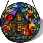 9.84 Inch Stained Glass Suncatcher Mushroom House and Squirrel Window Hanging Art Glass Decor for Home Unique Nature Gift for Her Mom Garden Lover Wall Art Ornament by Unknown