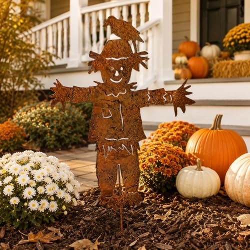 Rust Finish Metal Scarecrow Garden Stake, 27.4 Inch Fall Yard Art Decor, Flat Outdoor Lawn Ornament for Planters Flower Beds Patio - Image 4