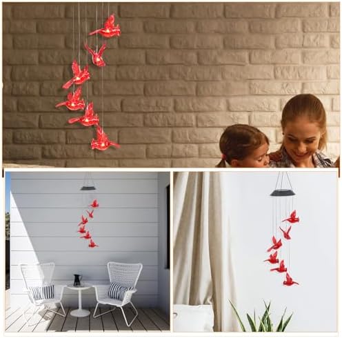 2pcs Solar Cardinal Bird Wind Chime LED Hanging Patio Lights Xmas - Image 3