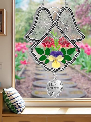KY&BOSAM Angel Suncatcher I Love You Mom Stained Glass Panels Suncatchers for Windows Wind Chime with Pressed Flower Glass and Metal Heart Charm Birthdays Gift for Mom Mothers Day Valentines Christmas - Image 2