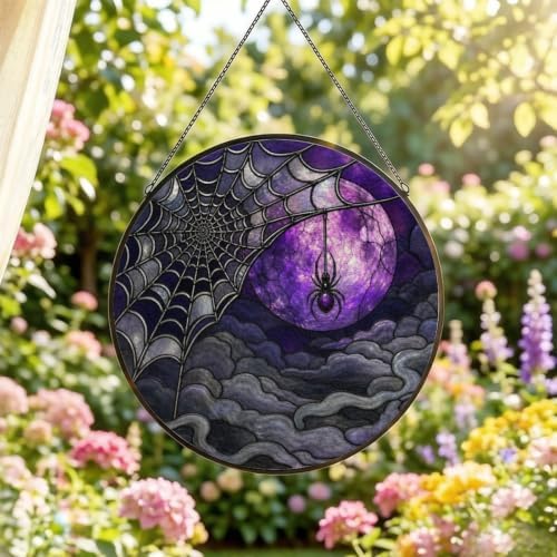 Spider Web Purple Moon Stained Glass Suncatcher 11.8" Colorful Window Hanging Ornament, Sun Catcher Decor for Bathroom Front Door Living Room Home Wall Garden - Image 2