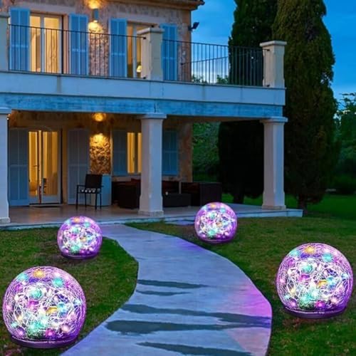 Solar Garden Lights, 4 Pack 120 LED Multicolor Cracked Glass Solar Outdoor Lights Decorative, Upgraded Waterproof Ball Lights for Yard Pathway Patio Lawn Christmas Outside Decor, 3.94 by Keevvon