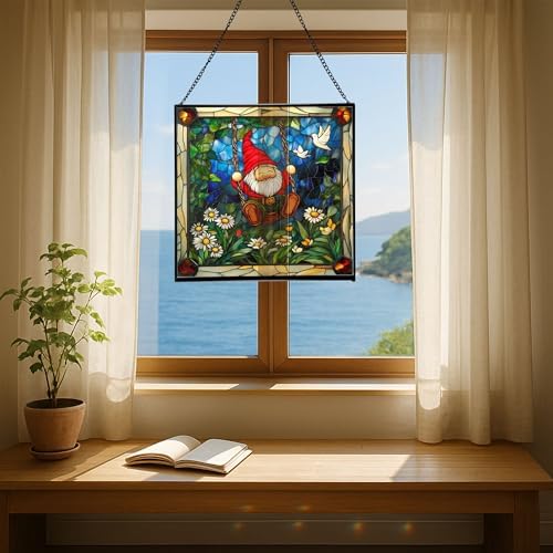 Swinging Garden Gnome Stained Glass Suncatcher – Square Hanging Window Panel for Home or Greenhouse – Whimsical Glass Art Gift for Garden Lovers, Christmas, Halloween, Father Days 1qxQ97 - Image 6