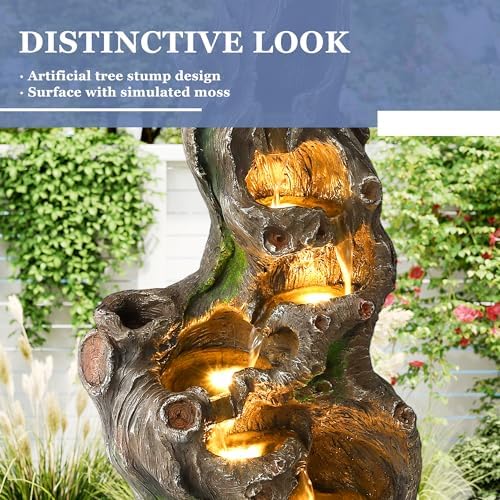 Grepatio Outdoor 6 Tier Cascading Water Fountain, 40" H Water Feature Fountain with 5 LED Lights, Large Outdoor Water Fountain with Realistic Tree Trunk Look for Garden Patio Backyard - Image 2