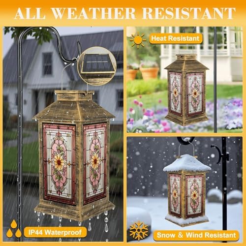 Stained Glass Style Solar Lantern Outdoor Garden Hanging Lantern Flat Stained Glass Artwork Sunflower Spring Color Mosaic Waterproof Solar Powered Lighting Outside Table Lamp for Patio Deck Yard - Image 3