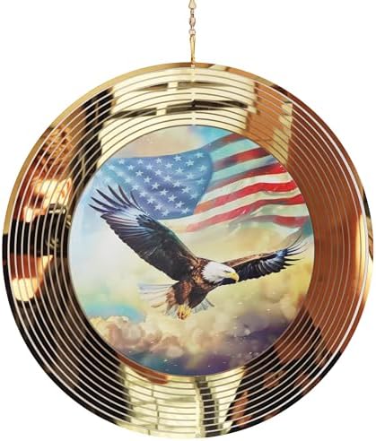 3D Wind Spinner 12" (30cm) Large Stainless Steel, Mirror Reflective Bald Eagle USA Flag, Smooth Spinning Kinetic Metal Garden Decor for Outdoor Indoor Patio Balcony Yard by Fantasydice