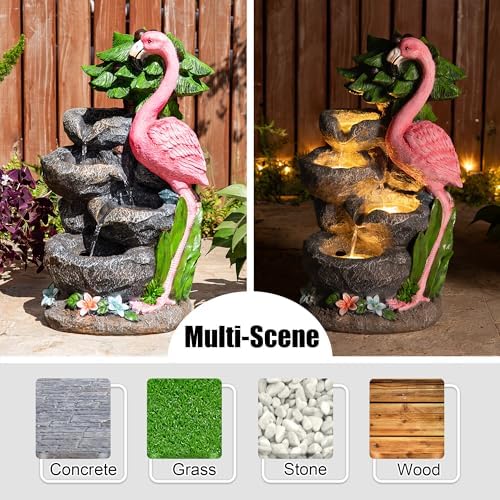 Glitzhome Outdoor Water Fountain, 4-Tiered Flamingo Outdoor Fountain with Lights, 23.5" H Polyresin Decorative Waterfall Feature Garden Fountain with Pump for Garden, Patio, Yard, Deck, Porch Decor - Image 6