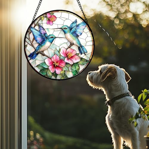Stained Glass Window Hanging - Blue White Hummingbirds Pink Flowers Suncatcher for Door Terrace Garden Home Decor Bird Sun Catcher Birthday Gifts for Lovers Women Men Dad Mom Nana 9.8 in - Image 3