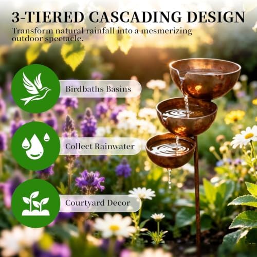 Rain CatcherBird Bath, Antique Bronze Metal Water Bowls Bird Bath and Bee Watering Station, Decorative Flower Bed Rainwater Collector for Outdoor Yard Art Decor (Light Copper 2pcs) - Image 2