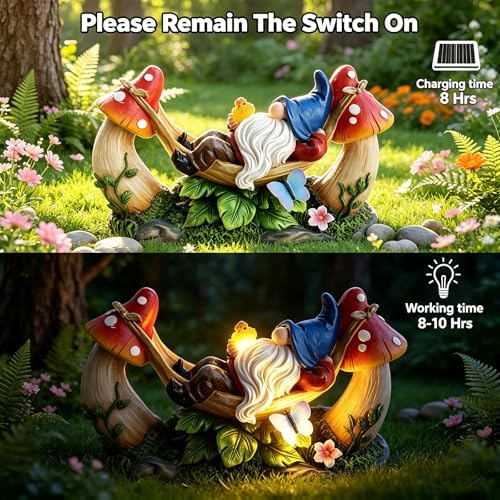 Solar Gnome Garden Statue with Mushroom and Butterfly Lights Outdoors, Waterproof Garden Decor for Yard Lawn Balcony, Cute Gnome Figurine for Outdoor Patio Decor, Ideal Gift for Garden Lovers - Image 5