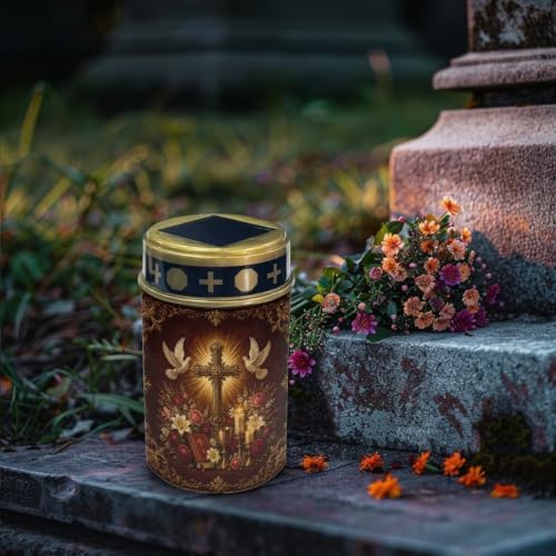 Poceacles Solar Powered Flameless Candle Cemetery Votive Candles Waterproof Outdoor Memorial Solar Stake Lights Home Outdoor Decoration, Cross Rose Bible Book Print Brown, 6 Pcs - Image 3