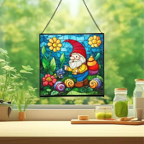 Gnome and Snail Friends Stained Glass Suncatcher – Square Hanging Window Panel for Home or Greenhouse – Whimsical Glass Art Gift for Garden Lovers, Christmas, Halloween, Father Days mID0zN - Image 2
