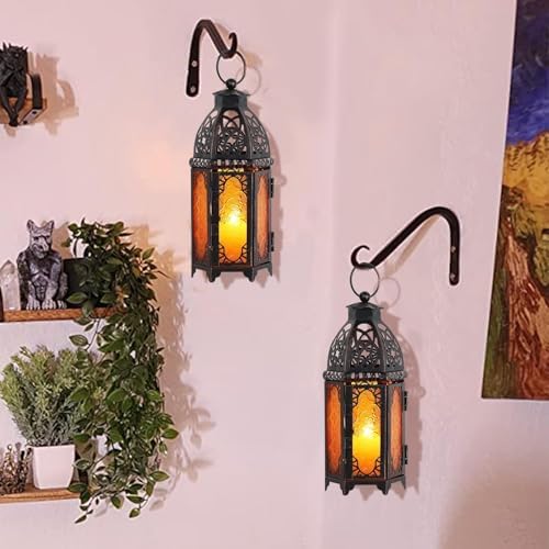 Set of 2 Moroccan Lanterns Decorative Indoor & Outdoor, 11’’ Medium Size Vintage Metal Hanging&Tabletop Candle Holder Decor, Halloween Christmas Ramadan Decorations for Home (Amber) - Image 3