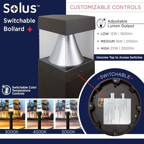 Solus Square Tunable LED Bollard – Switchable Wattage (12W–22W), 1600–3000 Lumens – Adjustable CCT 3000K/4000K/5000K – Black or Bronze – ETL Listed Path Light (Bronze, Square / 4 Pack) - Image 3