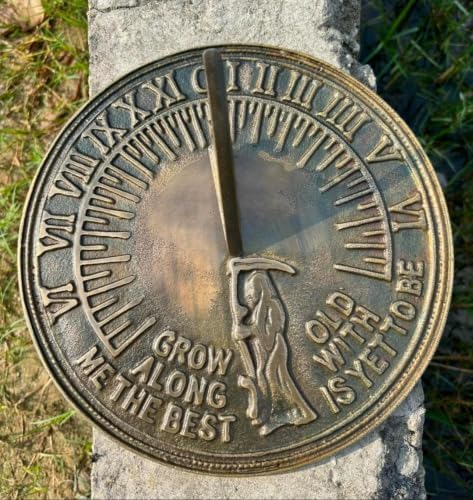 Solid Brass Father Time Sundial with Verdigris Highlights - Antique Garden Sundial Clock with Grow Old Along with Me Quote - Image 2