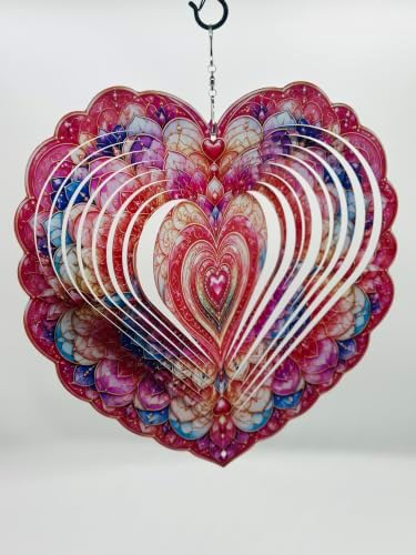 Shwing 12 Inch Wind Spinner Heart Floral Hanging Decor Romantic Valentine Metal Ornament Double Sided Outdoor Kinetic Garden Art 3D Wind Spinner for Patio Porch Balcony Backyard Tree Decoration - Image 3