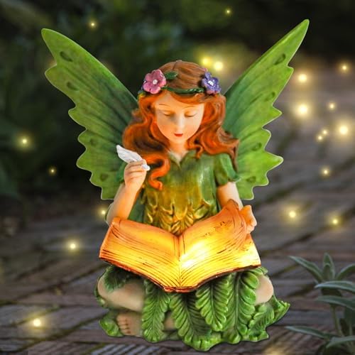 Solar Fairy Statue Reading Book Figurine Light for Outdoor Garden Decor by Afirst