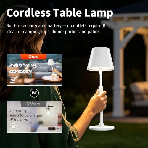 Outdoor Waterproof Rechargeable Cordless LED Table Lamp with Telescopic Pole and Wicker Shade, 5200mAh Touch Dimmable Battery Operated Table Light for Patio Restaurant Kitchen (White) - Image 7