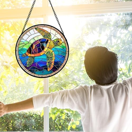 Colored Sea Turtle Ocean Stained Glass Window Hanging Suncatcher Gifts 15" - Image 3