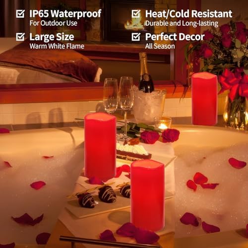 NURADA 8" x 4" Large Outdoor Flameless Candles - Waterproof LED Pillar Flickering Candle Battery Operated with Timer Remote Control for Patio Porch Christmas Decor - 2 Pack Red - Image 2
