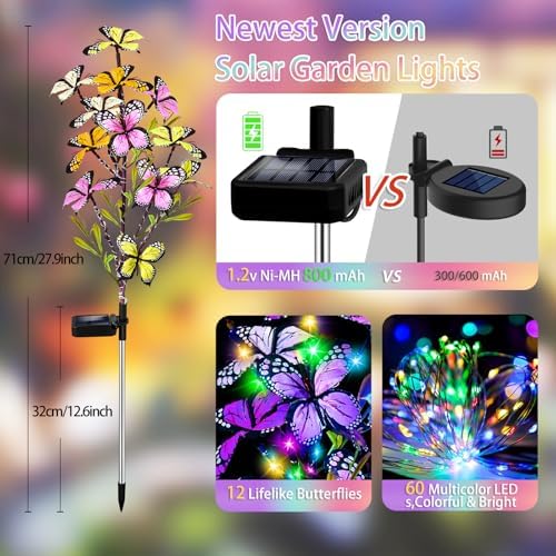 MRHEPHAESTUS Solar Garden Lights Outdoor, Waterproof 2 Pack Solar Butterfly Lights with 60 LED 12 Butterfly Colorful Lighting for Garden Yard Lawn Outdoor Decor, Gift for Mom Women Mother's Day - Image 2