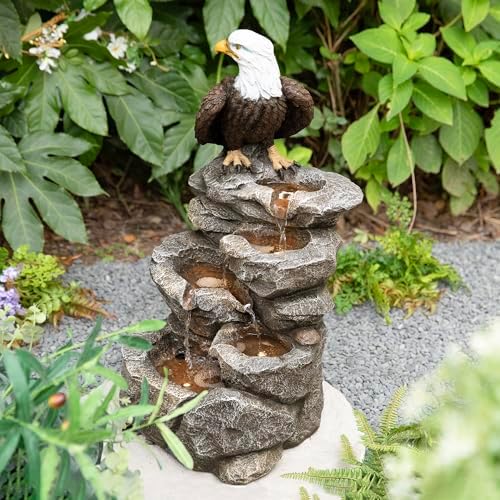 Glitzhome Outdoor Water Fountain with Lights, 4-Tiered Eagel Outdoor Fountain, 25.25" H Polyresin Decorative Waterfall Feature Garden Fountain with Pump for Garden, Patio, Yard, Deck, Porch Decor - Image 5