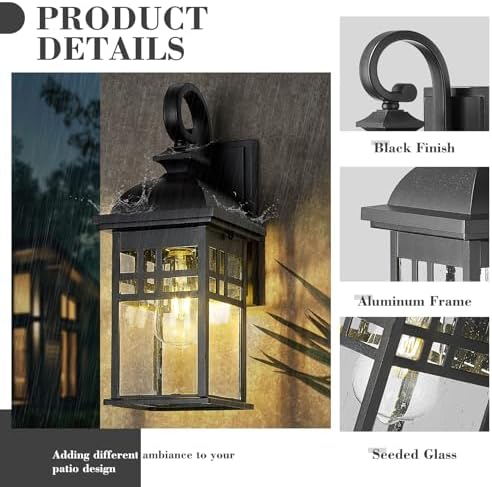 Emliviar 15" Outdoor Porch Lights 2 Pack, Outdoor Wall Lights for House, Seeded Glass Shade, Black Finish, DE279B-2PK BK - Image 4