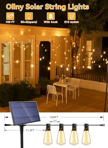 Ollny 50+2 LEDs ST38 Solar String Lights, 100 FT 3 Modes Timing Dimmable - Image 2
