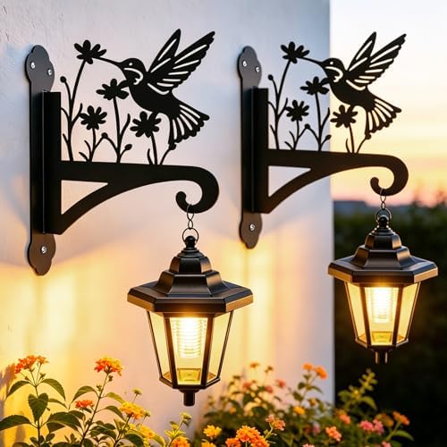 VOOKRY Solar Wall Lanterns Outdoor, Waterproof 2 Pack Hanging Lights with Hummingbird Hooks, Wall Mount Sconce with 3 Solar Panels for Patio Porch Yard Garden Decor, Dusk to Dawn 2700K Warm White by VOOKRY