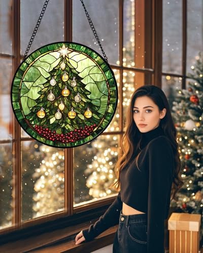 Green Christmas Tree Golden Bells Stained Glass Window Hanging Gifts 9.8" - Image 3