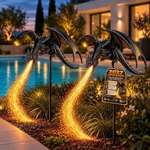 2027 New Solar Dragon Fire Garden Light, Dragon Garden Statue Stake with Breathing Fiber Optic Flame, Weatherproof Solar Outdoor Decor for Lawn, Pathway, Flower Bed & Patio by Unknown