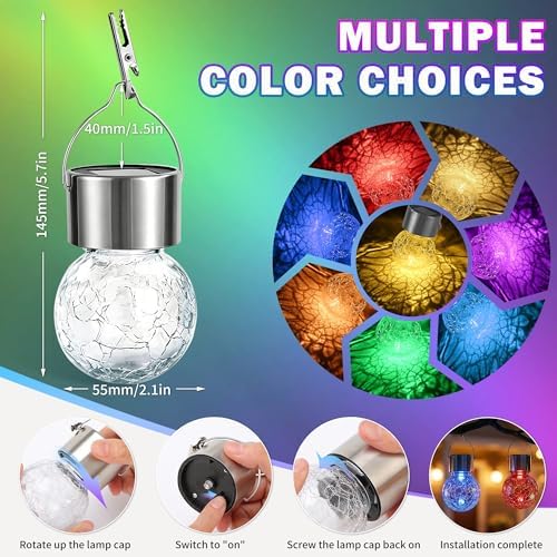 Outdoor Hanging Solar Lights, 12 Pack Multi-Color Changing Cracked Glass Hanging Ball Lights with Handle, Waterproof Solar Bulb Outdoor Garden for Balcony Tree Patio Yard Path Party Decoration - Image 2
