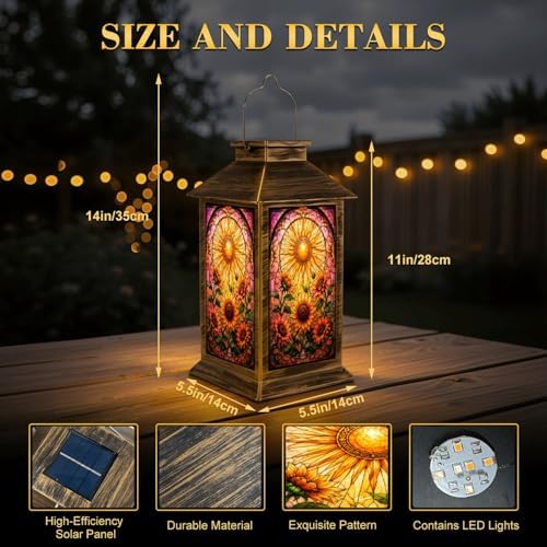 Solar Lantern Outdoor Waterproof Stained Glass effect Sunflower Artwork Radiant Sunburst Vibrant Colors Garden Decor LED Hanging Solar Lights Tabletop Lamp Gifts for Women Mom Outside Yard Patio Porch - Image 2