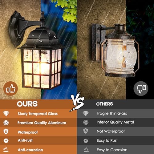 Brightever 2-Pack Dusk to Dawn Outdoor Wall Lantern, Exterior Light Fixtures with Photocell Sensor, Black Wall Light Waterproof, Waterfall Glass Outside Wall Sconce for Porch House Garage - Image 4