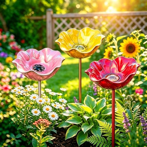 Handmade Metal Flower Garden Stake Bird Bath Bowl, Pink-3abc by Unknown