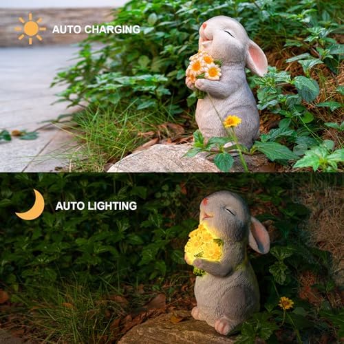 Solar Rabbit Garden Statues Outdoor Bunny Decor Resin Rabbit Figurine Holding Sunflower with LED Lights for Proch Patio Lawn Yard Mother's Day Christmas Birthday Gardening Gifts for Mom Women - Image 3