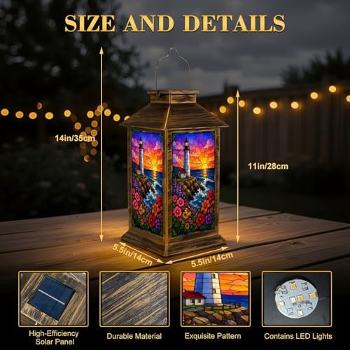 Solar Lantern Outdoor Waterproof Colorful Stained Glass Lighthouse Ocean Waves Sunset Flowers Garden Decor LED Hanging Solar Lights Tabletop Lamp Gifts for Women Mom Outside Yard Patio Porch - Image 2