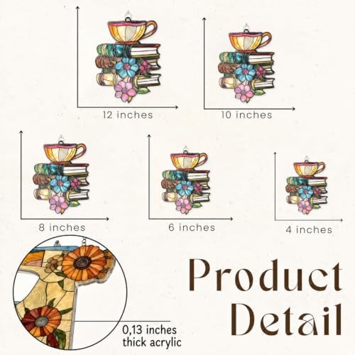 Books Teacup Acrylic Suncatcher 12 Inches, Fall Decoration Indoor Outdoor, Bedroom Porch Decor, Stained Glass Effect Window Hanging, Floral Reading Decor, Book Lover Gift for Her Mom Grandma - Image 2