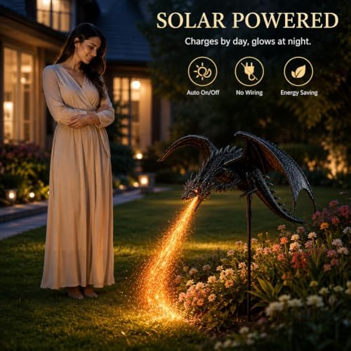 Solar Dragon Fire Garden Stake Light, Gothic Fantasy Solar Powered Lawn - Image 6