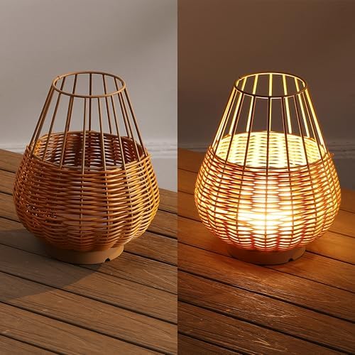 JONATHAN Y Elian 10" Faux Wicker Cordless Lamp, Light Brown, Set of 2 - Image 5