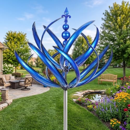 Blue Iron Windmill, 360 Degree Rotation Wind Spinner, Kinetic Wind Sculpture, Metal Yard Art Decor, Weather Ornament for Garden Lawn Patio Backyard Outdoor Landscape Decoration. by DIRBAK