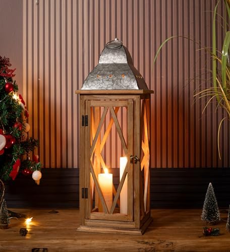 Large Farmhouse Wooden Metal Lantern Set of 2, Rustic Decorative Floor Candle Lanterns, Indoor/Outdoor Hanging Lanterns for Home Decor (No Glass) - Image 5