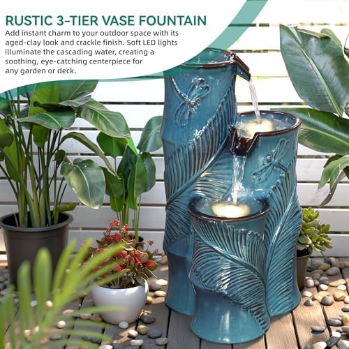 Autodaya Tropical Turquoise Ceramic Outdoor Water Fountain with Lights - Image 5