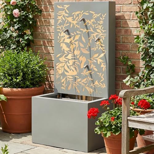 30.71" H Metal Leaf Cutout Outdoor Water Wall Fountain with LED Lights, Modern Waterfall Feature for Patio Garden Backyard Decor, Light Gray by THINK30