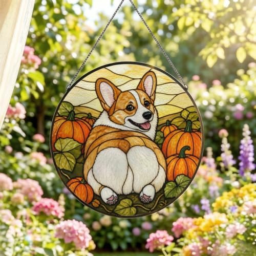 Corgi Butt Pumpkin Field Stained Glass Suncatcher 9.8" Colorful Window Hanging Ornament, Retro Sun Catcher Decor with Chain for Home Wall Garden Birthday Christmas Mothers Day - Image 2