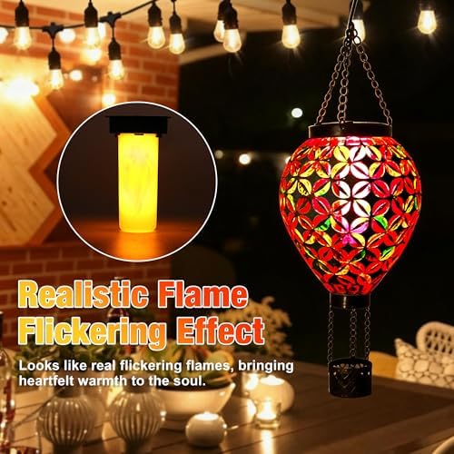 SAVENNA Mosaic Glass Hot Air Balloon Solar Lantern, Flickering Flame Effect Hanging Solar Light, Multicolor Projection for Garden Patio Yard Outdoor Decor - Image 2