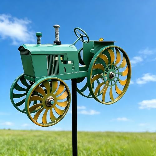 Green Tractor Wind Spinner Outdoor - Metal Windmill for Yard and Garden Decor - Kinetic Wind Sculptures & Spinners with Rotating Wheels and Sturdy Stake - Large Lawn Ornaments & Yard Art - Image 2